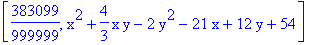 [383099/999999, x^2+4/3*x*y-2*y^2-21*x+12*y+54]
